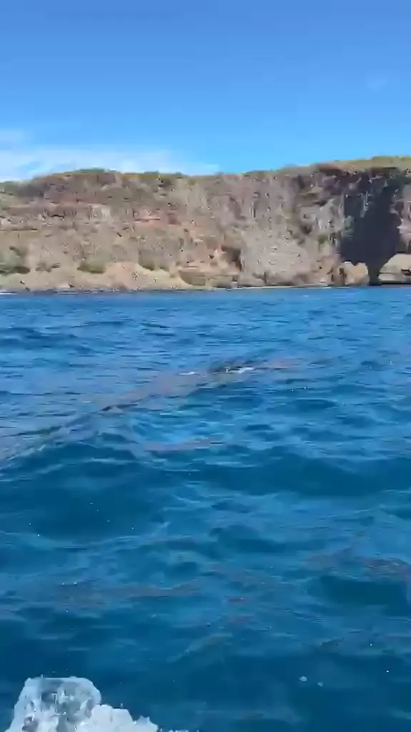 Boat view of blue water and rocky cliffs on the Águas Belas excursion