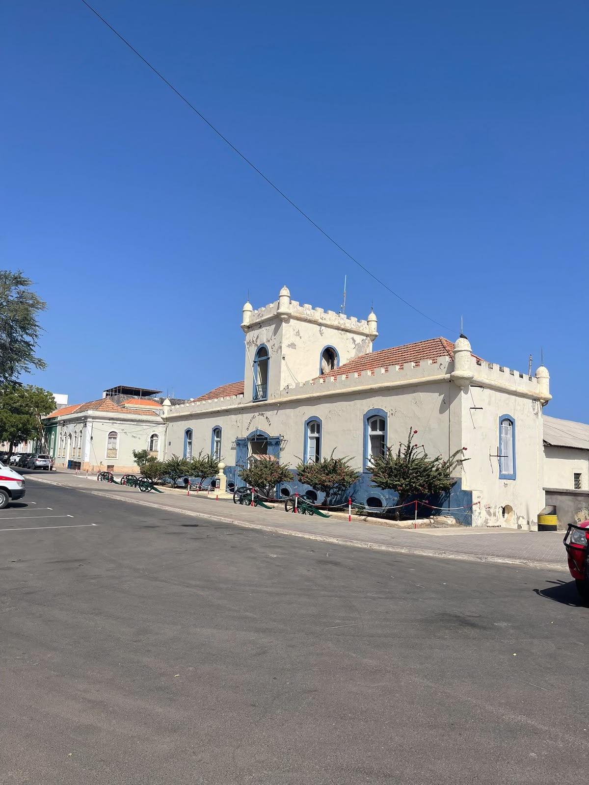 Historic military barracks with blue window frames on the Plateau in Praia, Santiago