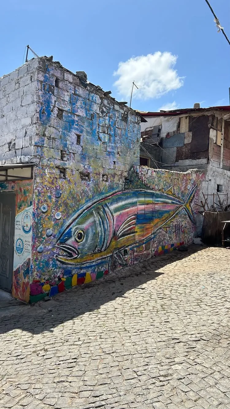 Colorful fish mural on a stone wall beside a cobbled street