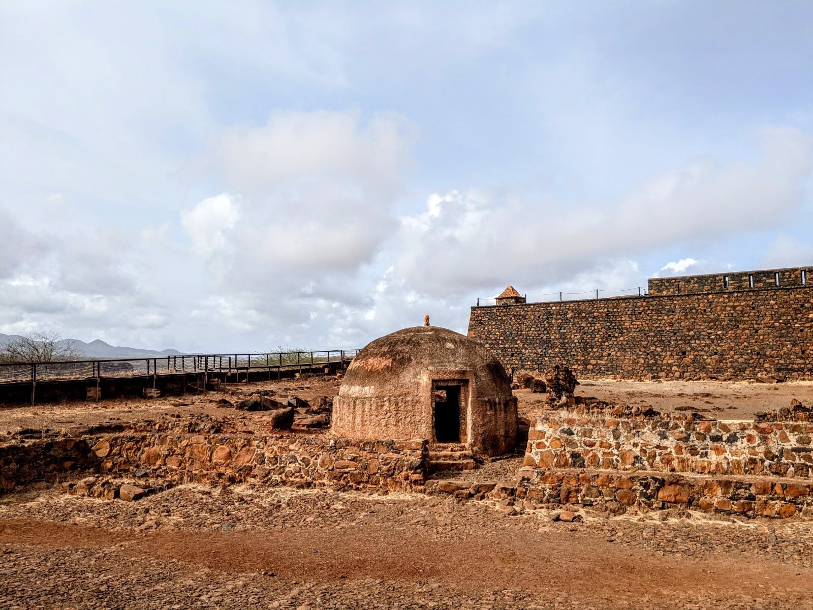 Stone walls and domed structure inside Forte Real de São Filipe in Cidade Velha